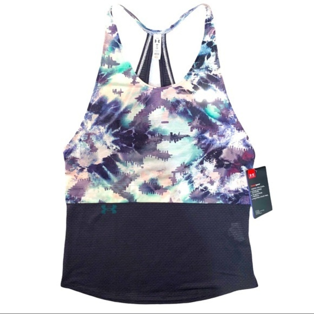 Under Armour Heat Gear S black w watercolor print split T back halter neck top